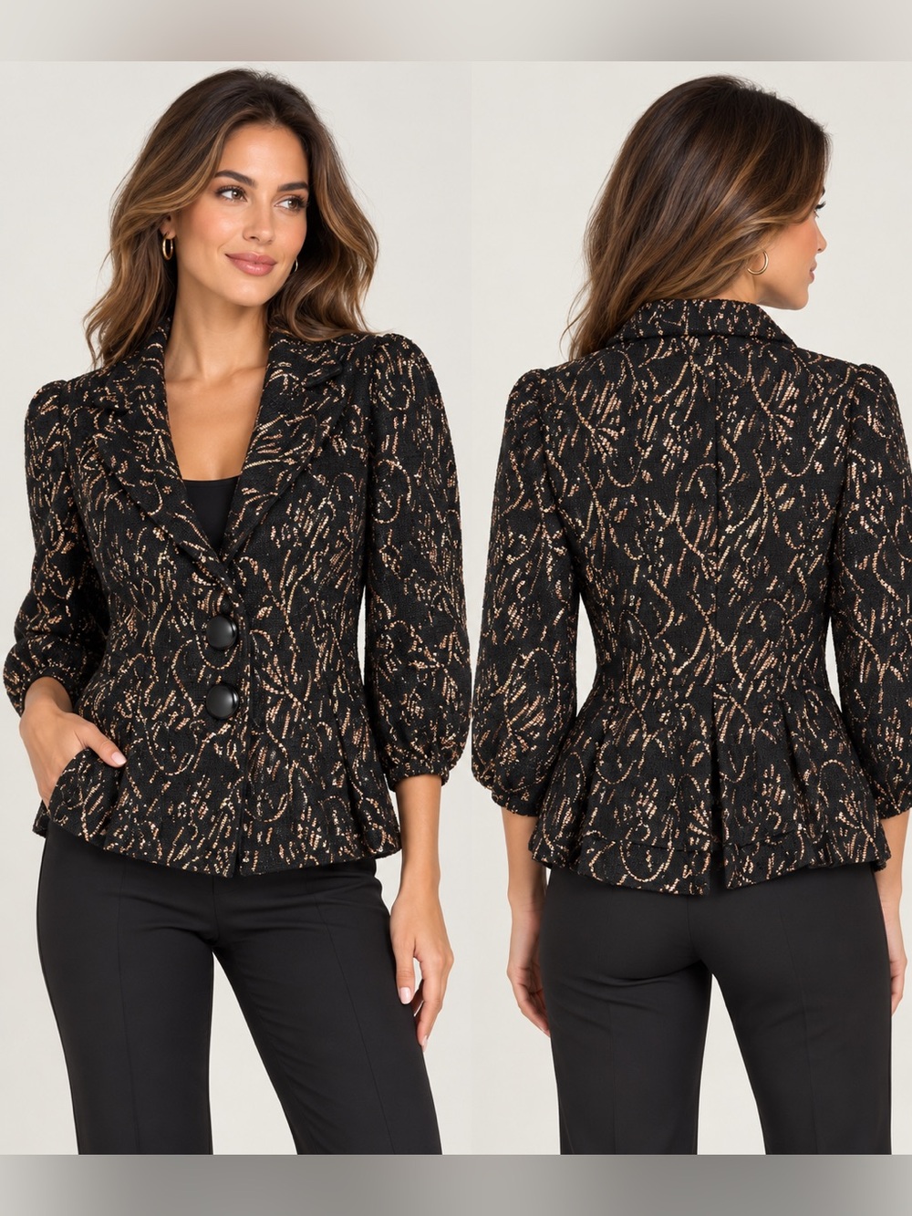 Alberto Makali Metallic Brocade Peplum Blazer Black Gold Wool Blend S NWT